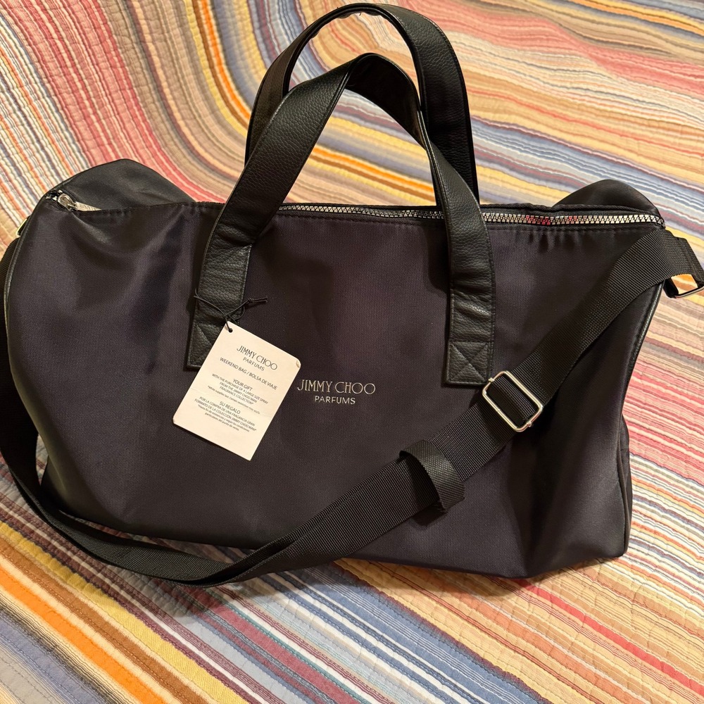 Jimmy Choo Parfum Weekender Travel Bag Black Nylon Leather Trim Adjustable Strap